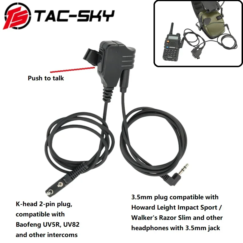 Cable de micrófono táctico K a 3,5mm para andador, orejeras deportivas de impacto, auriculares de tiro Airsoft para Baofeng Uv5r, TAC-SKY - imagen 2