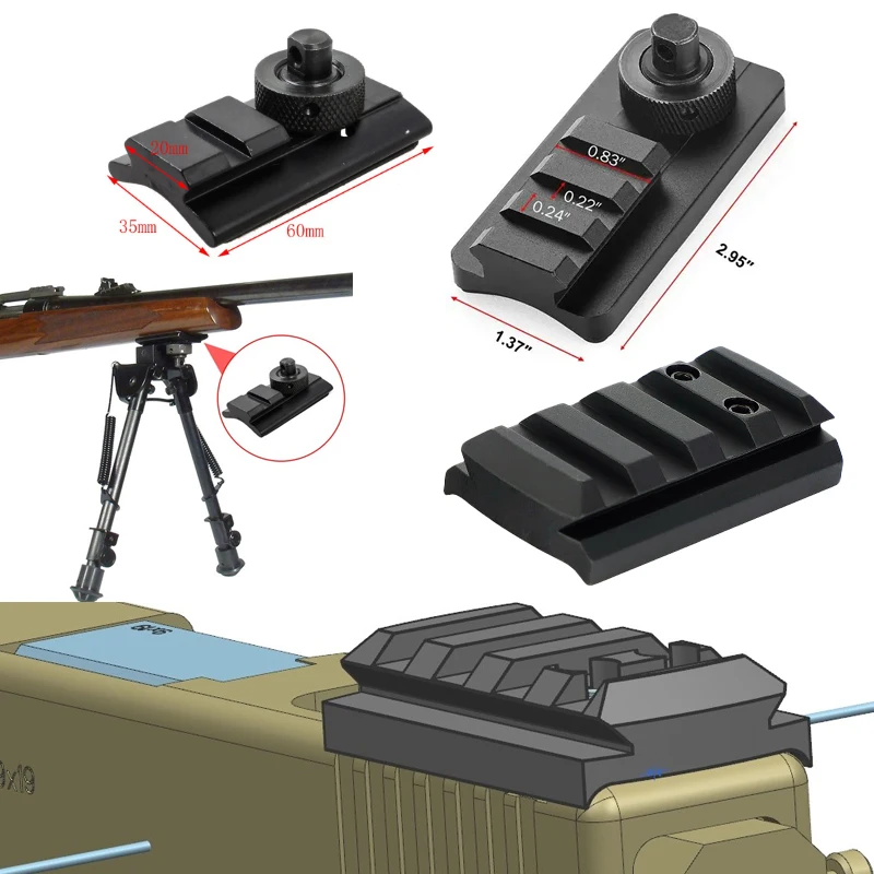 Adaptador de riel Picatinny con perno giratorio para rifle Bipod Adaptador de montaje Picatinny Weaver de 20 mm con base de goma de 3 ranuras