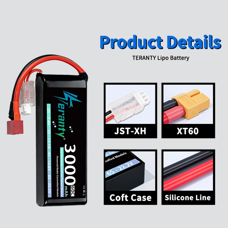 2 uds TERANTY 2S Lipo batería 7,4 V 7,6 3000mAh 60C 80C con enchufe T XT60 para Dron FPV RC camiones barco helicóptero avión - imagen 5