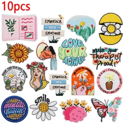 Lote de 10 Uds. De lemas de letras y flores, parches bordados, parches para planchar con mariposas para ropa, pegatinas para coser libros de crisantemo