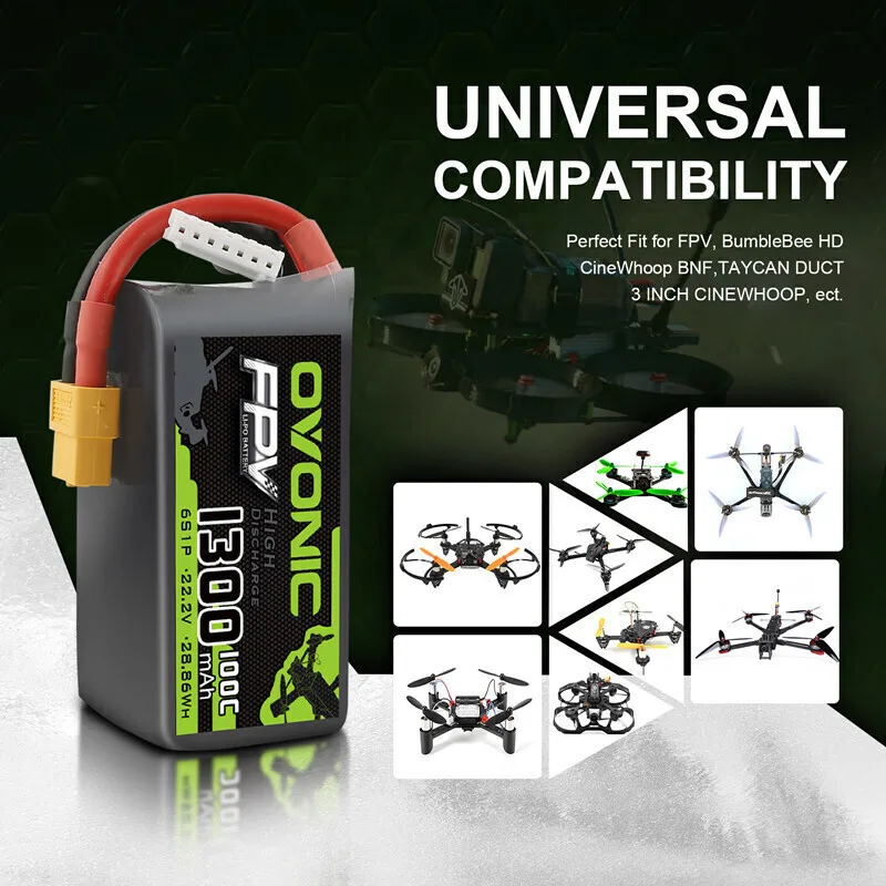 Nueva batería Lipo OVONIC 1300mAh 100C 22,2 V para helicóptero RC Quadcopter Dron de carreras con visión en primera persona piezas 22,2 V con batería de enchufe XT60 - imagen 5