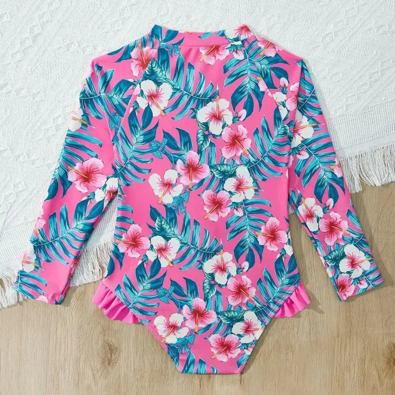 Traje de baño de manga larga con protección UV para niños, traje de baño de una pieza con estampado de flores para niñas de 3 a 8 años - imagen 2