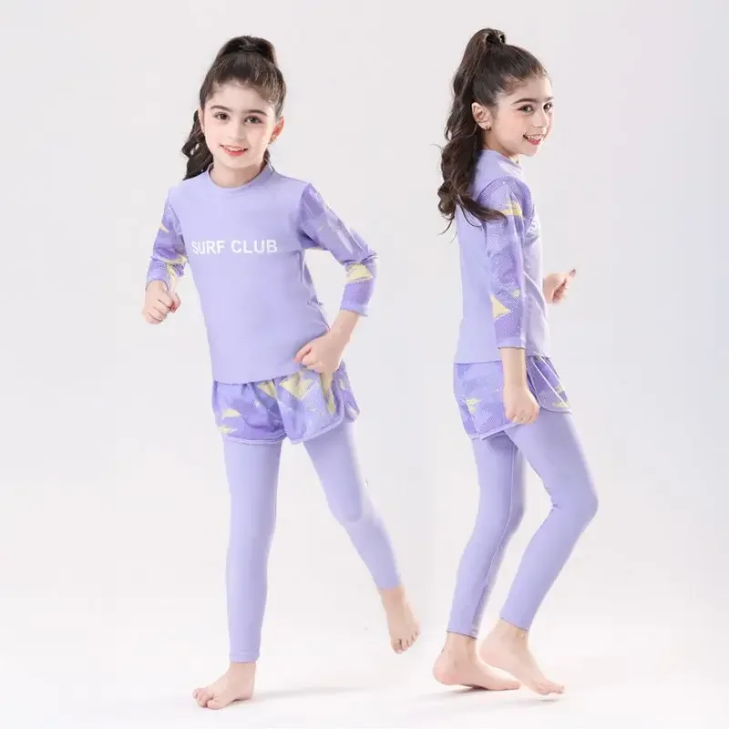 Tops de manga larga refrescantes para verano, conjuntos de natación para niños y niñas, camisetas con protección solar, pantalones cortos, trajes con almohadillas para el pecho desmontables, 3 uds. - imagen 4