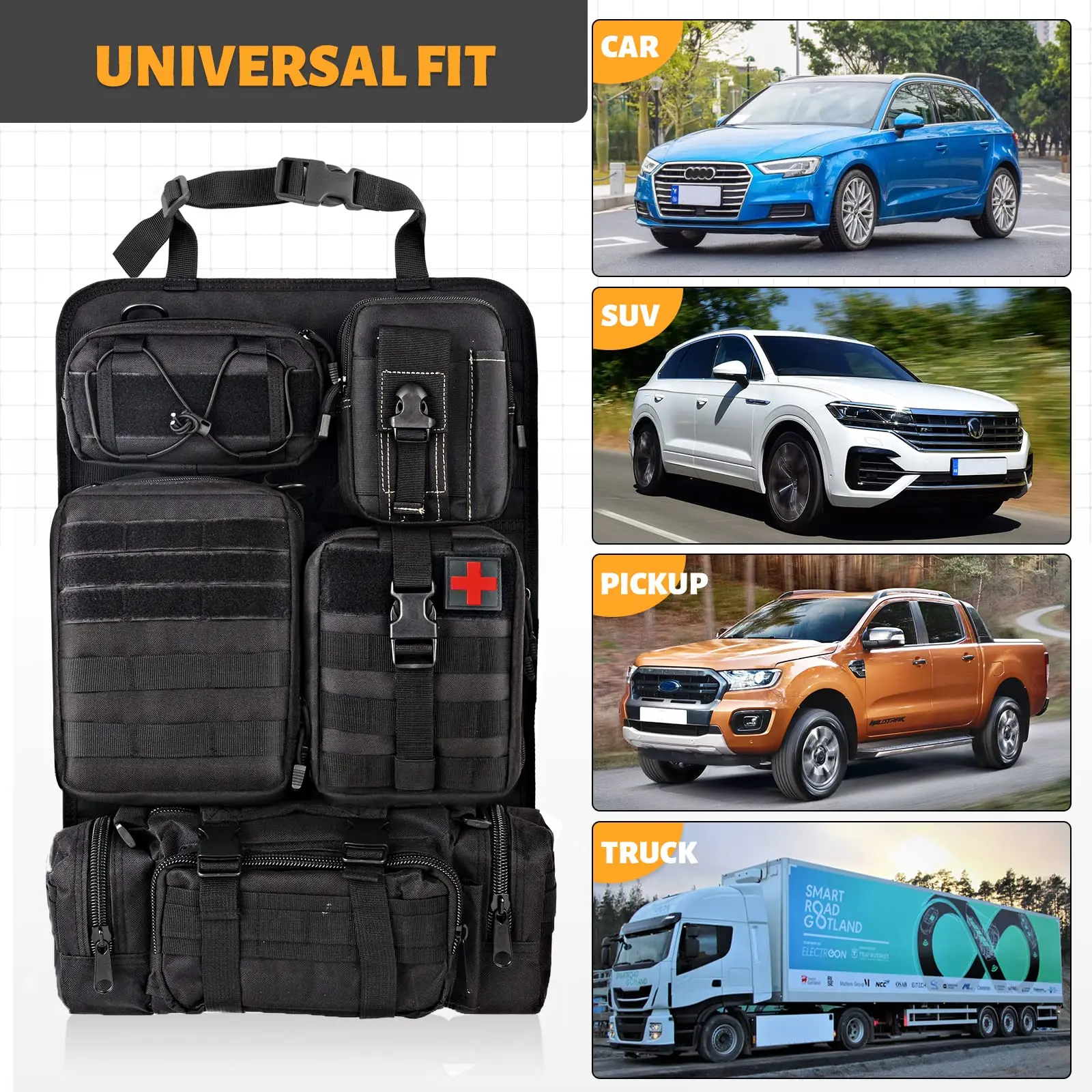 Organizador táctico para respaldo de asiento de coche, organizador táctico de Panel de vehículo con 5 bolsas Molle desmontables, Universal, se adapta a la mayoría de los vehículos - imagen 2