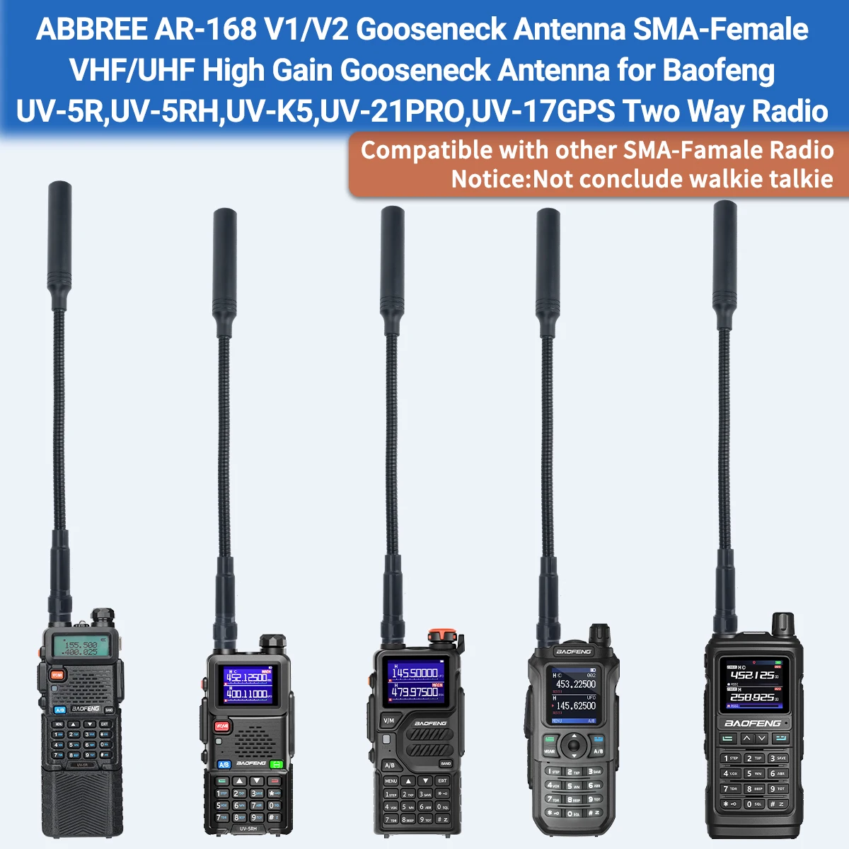 ABBREE AR-168 antena de cuello de cisne SMA-hembra de doble banda antena táctica de alta ganancia para Baofeng Walkie Talkie UV-5RH Quansheng UV K5 - imagen 5