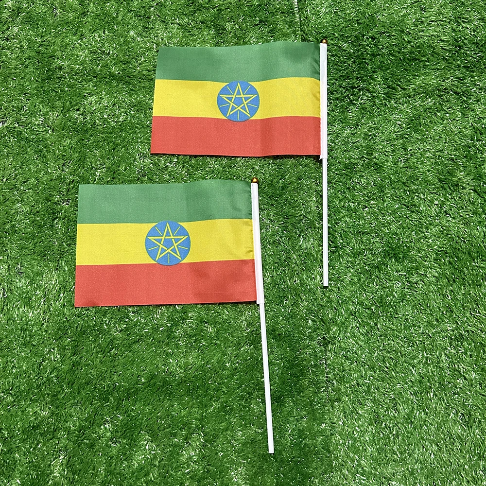 Bandera de esquí, bandera de mano de Etiopía, 10/20/50/100 Uds., 21x14cm, banderas onduladas a mano de Etiopía con poste de plástico para actividades deportivas, decoración del hogar - imagen 3