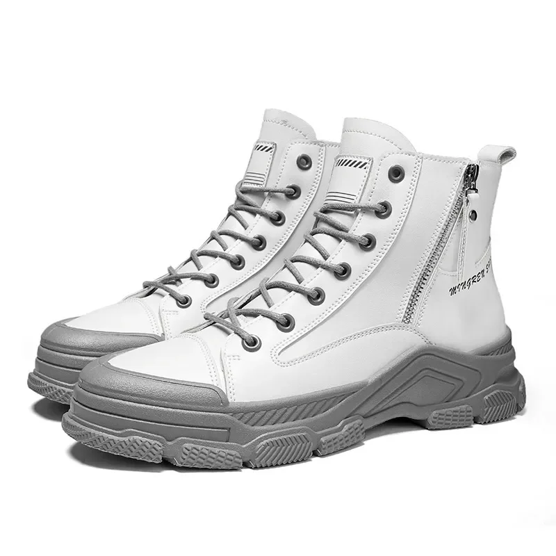 Botas de cuero para hombre, zapatos informales blancos a la moda, botines de estilo callejero, botas para exteriores, Otoño e Invierno - imagen 5