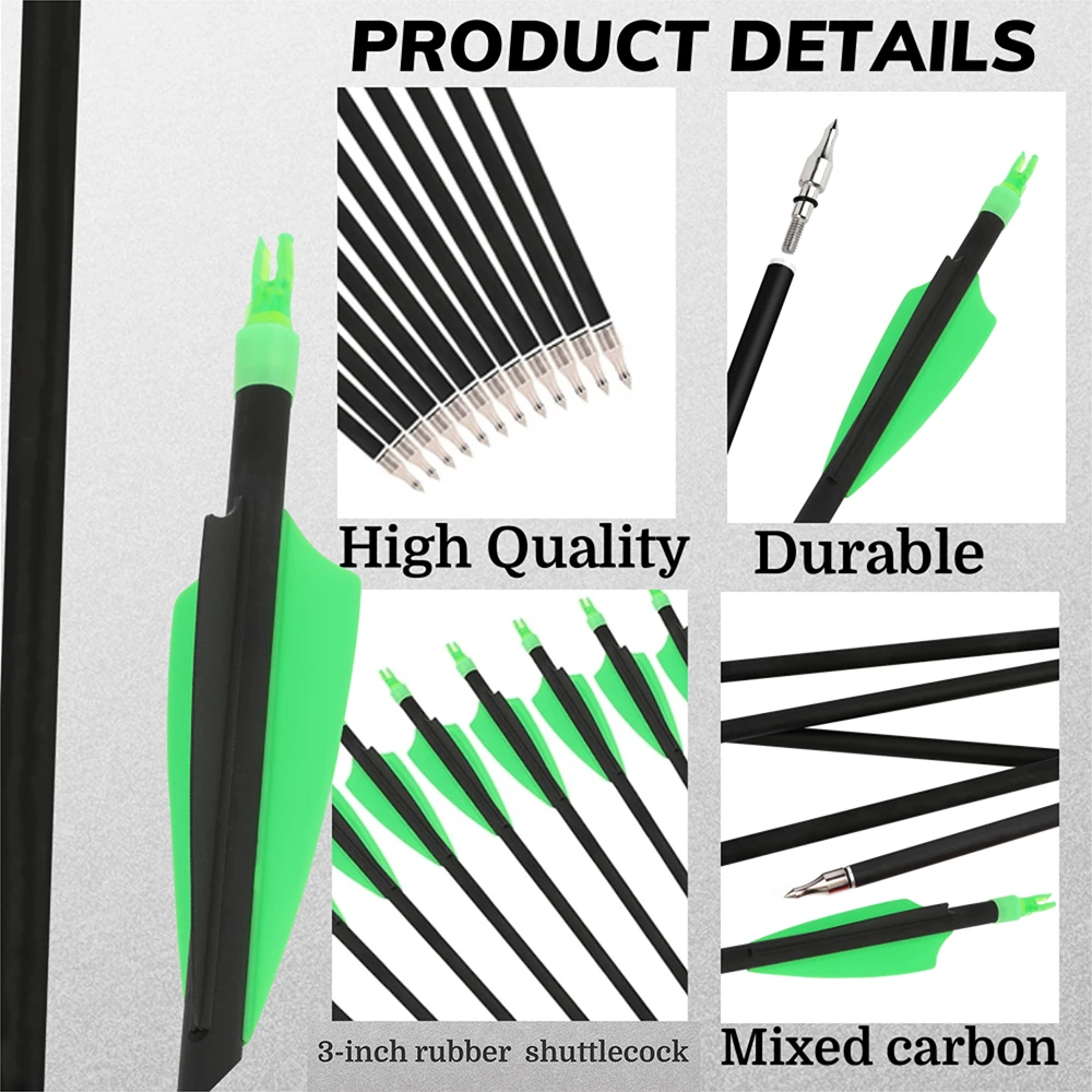 6/12 Uds flechas de tiro con arco columna vertebral 500 fibra de carbono mezclada punta de flecha de 100 granos pluma de goma de 3 "para disparar objetivo de caza - imagen 3