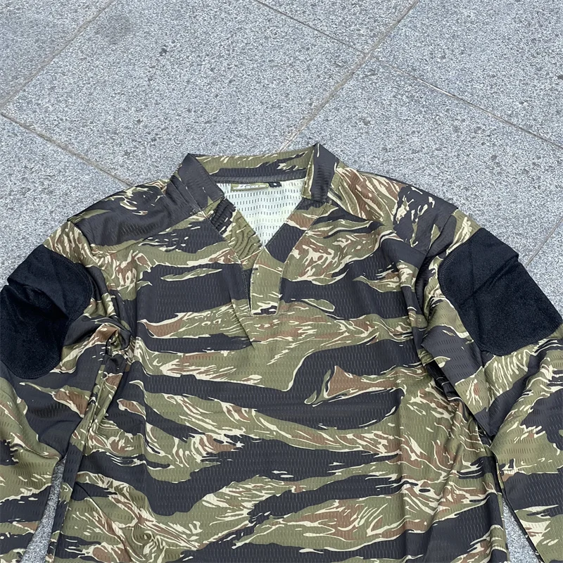 Camiseta táctica VS de manga larga de camuflaje con punto de tigre y cuello en V, traje de entrenamiento táctico al aire libre transpirable de secado rápido - imagen 2