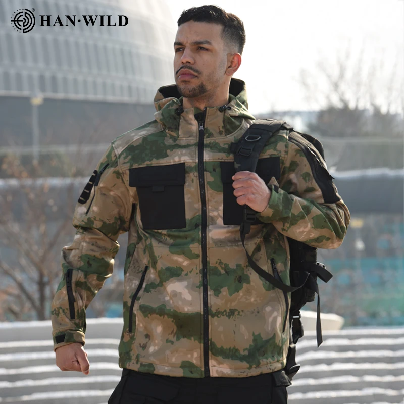 HAN WILD Softshell Jacekt, chaqueta con capucha de invierno para hombre, impermeable, piel de tiburón, abrigo táctico cálido de EE. UU., bolsillos grandes, abrigo de caza y senderismo - imagen 5