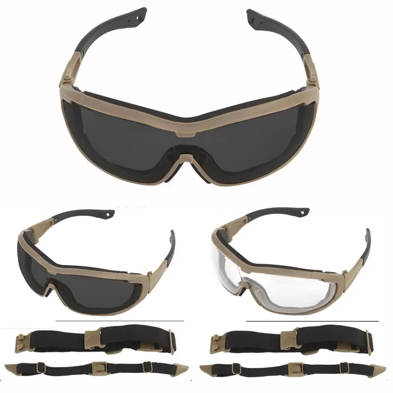 Gafas tácticas a prueba de viento para exteriores con correas fijas, diadema elástica, gafas de sol con protección UV, lentes transparentes/lentes negras - imagen 2