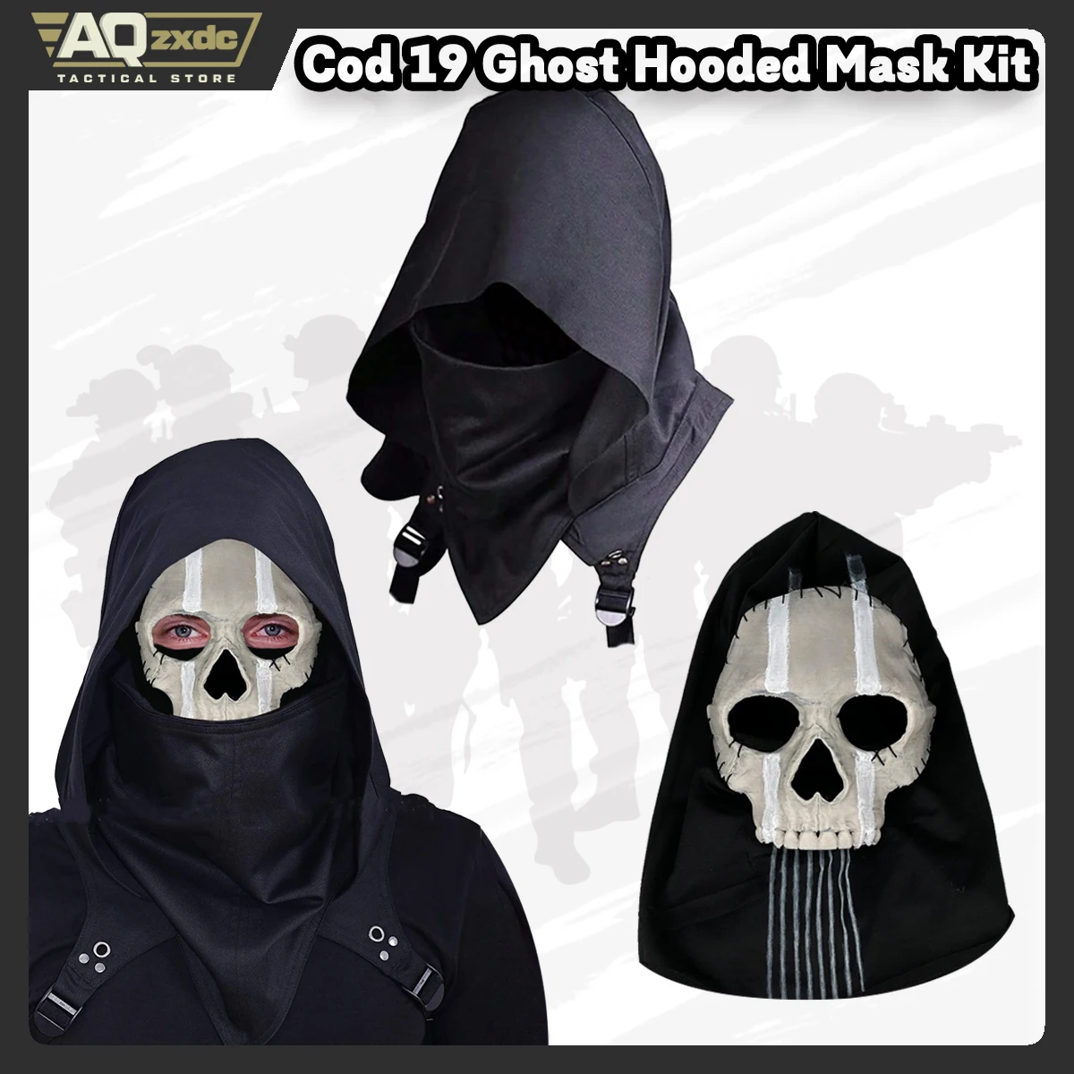 AQzxdc Kit de máscara con capucha fantasma - Operador MW2 Airsoft COD 19 - Asassin Shooter Hoodd Hood para cosplay Zona de guerra Máscara completa táctica