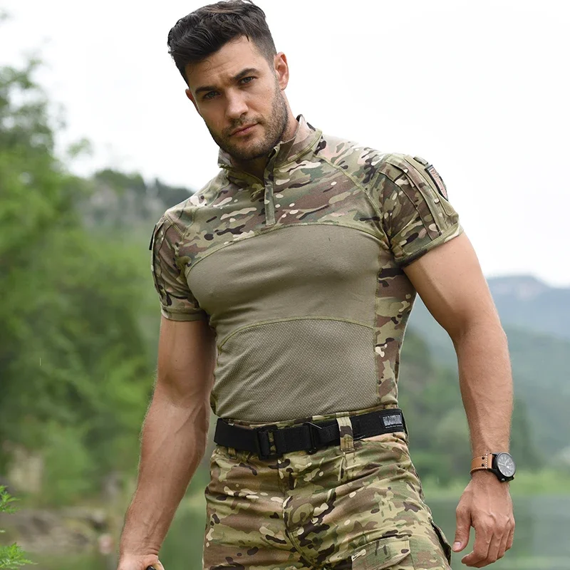 Camisas de combate al aire libre, camiseta táctica Airsoft, Camiseta corta de algodón de camuflaje, camisas de entrenamiento, ropa de caza de Paintball - imagen 4