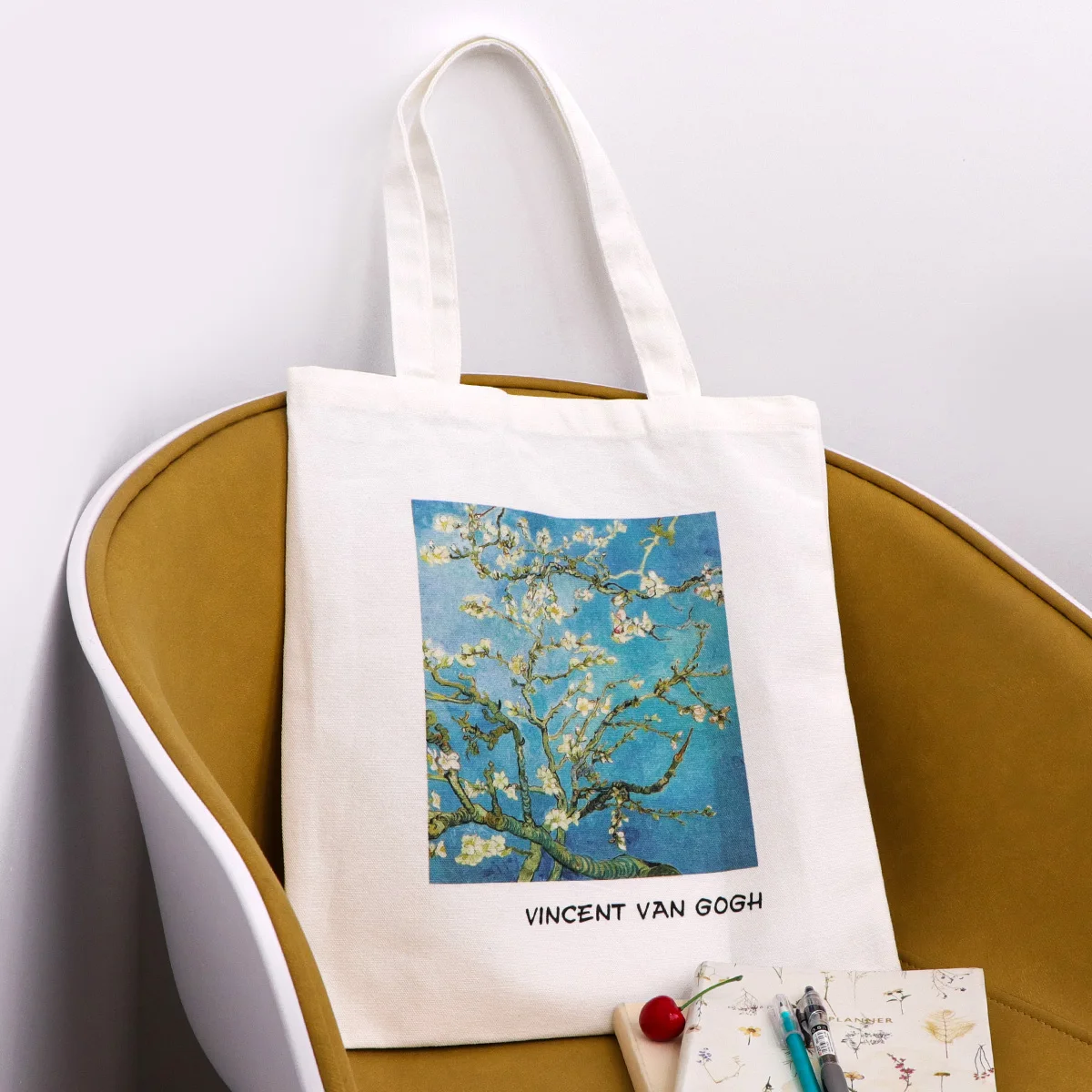 Van Gogh-Bolso de lona con flor de almendra, bolso de mano plegable, organizador de almacenamiento portátil, bolso de compras para mujer, bolso de hombro escolar - imagen 3