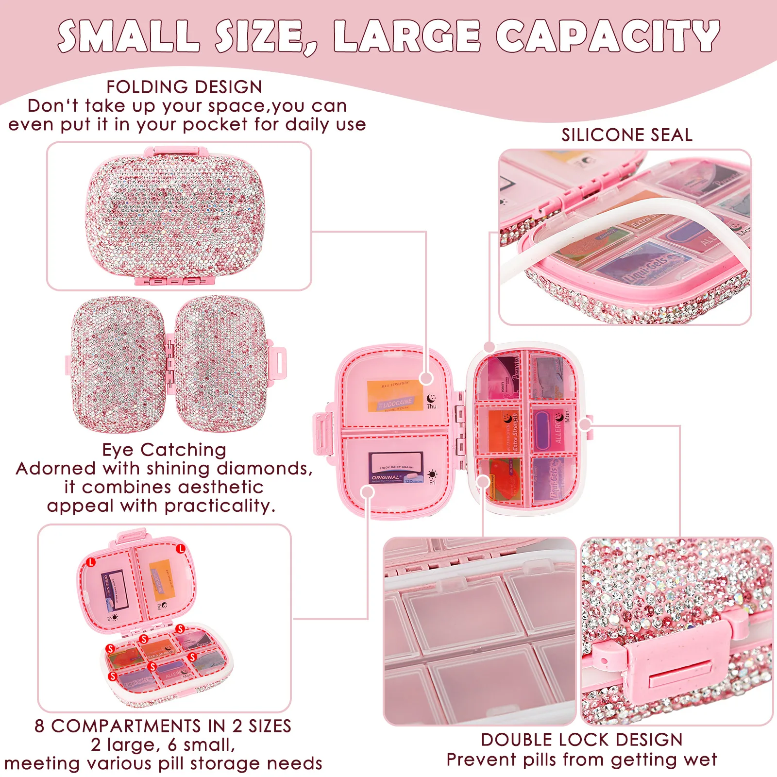 Organizador de pastillas de viaje con diamantes de imitación 175, etiquetas de medicina, 8 compartimentos, a prueba de humedad, Mini organizador de medicamentos - imagen 5