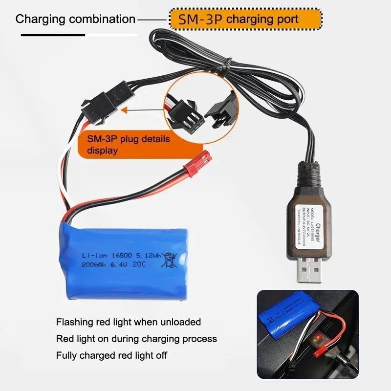 Batería Lipo de 6,4 V, 800mAh, 20C, 16500, SM-3P, enchufe doble JST inverso para Wltoys 18628 18629 18428 18429 RC, repuesto de juguete de coche de alta velocidad - imagen 3