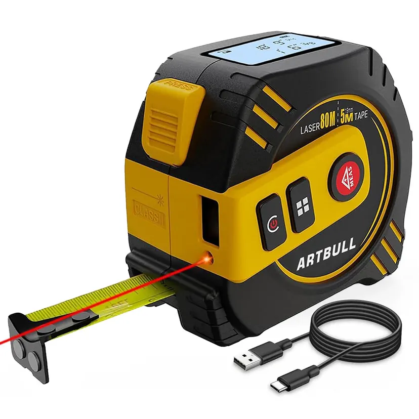 Telémetro láser multifunción 2 en 1, recargable, 80m, 40m con cinta de 5m, pantalla LCD con retroiluminación, cinta métrica láser