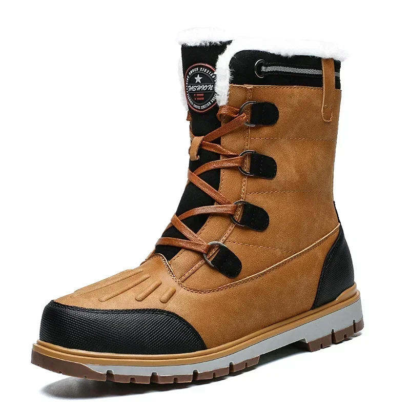 Botas de invierno a la moda para hombre, botas de nieve altas de piel cálida, botas de plataforma de cuero impermeables para hombre, zapatos de invierno antideslizantes para exteriores para hombre