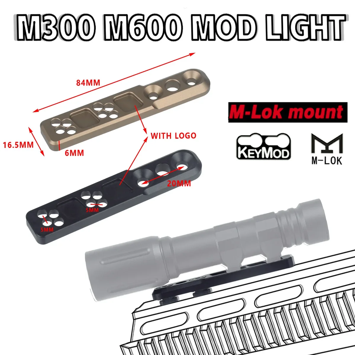 Linterna táctica M300 M600, Base de montaje compensado compatible con riel de 20mm, Mlok keymod, armas LED, luz de explorador, accesorios de caza Airsoft - imagen 4