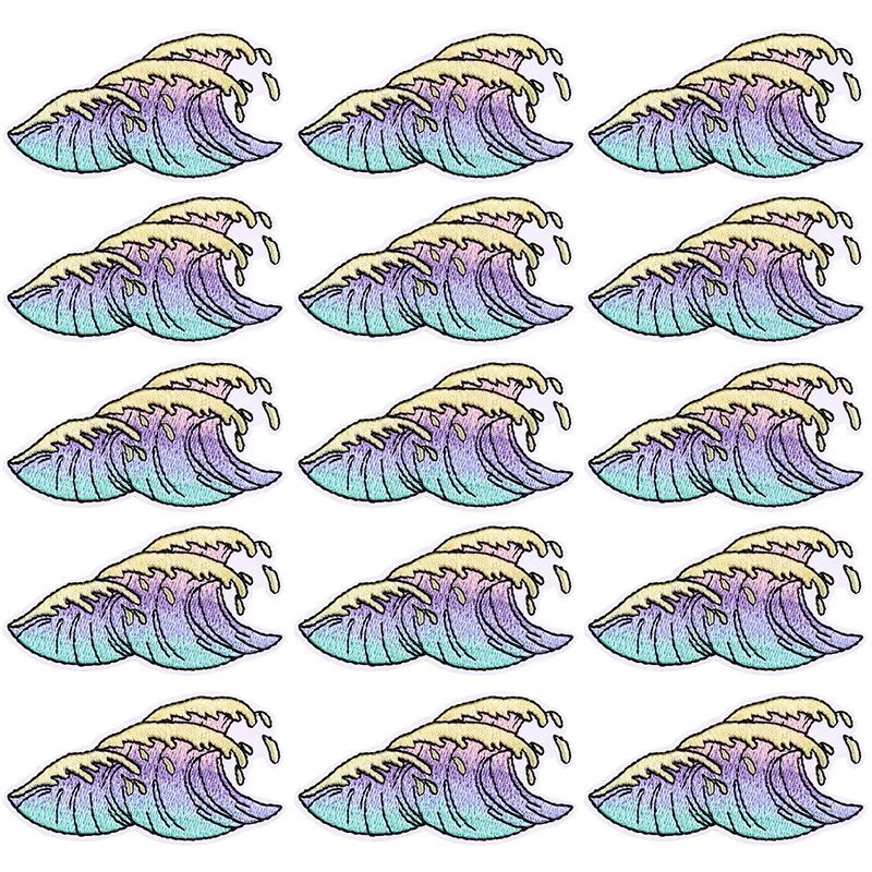 Parches bordados de paisaje de olas para ropa, parches termoadhesivos para ropa, Parche de naturaleza, bucle de gancho, 10 piezas por lote - imagen 5