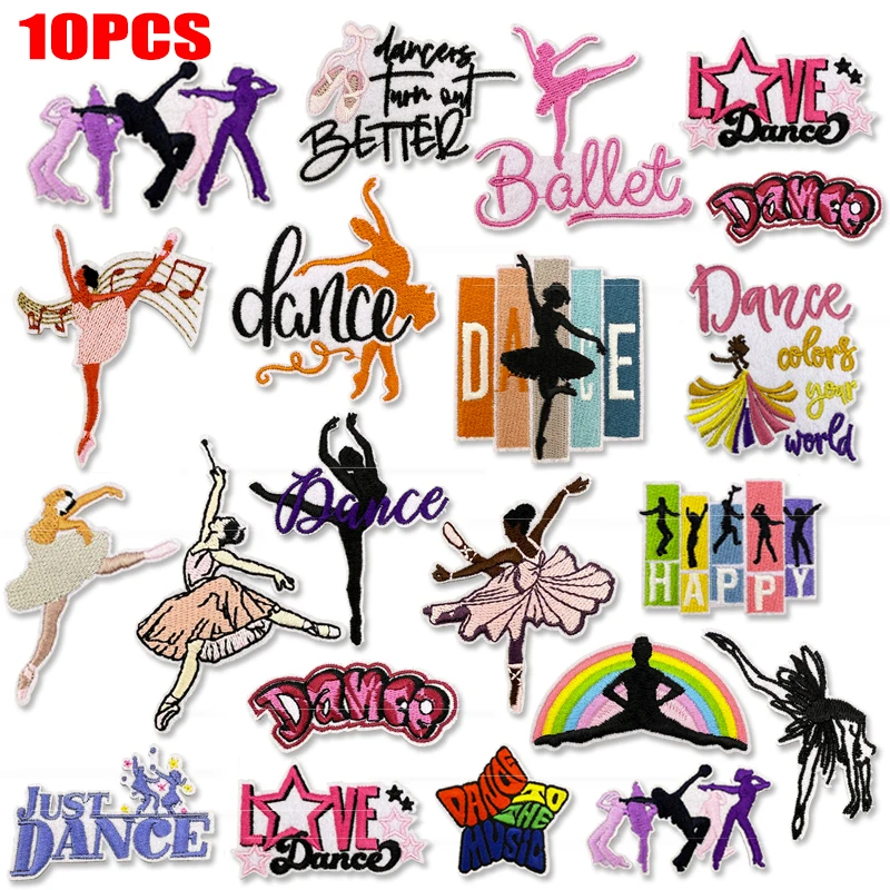 10 Uds. Parches bordados de Ballet de dibujos animados, parche de baile para chica, parches para planchar para ropa, chaquetas DIY, pantalones vaqueros, mochila, parche de costura