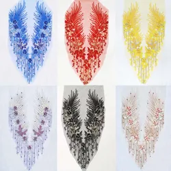 Parches bordados de encaje con cuentas de diamantes de imitación de flor de cola de Fénix, apliques de corpiño, parche de costura DIY para vestido de novia, 55x28CM