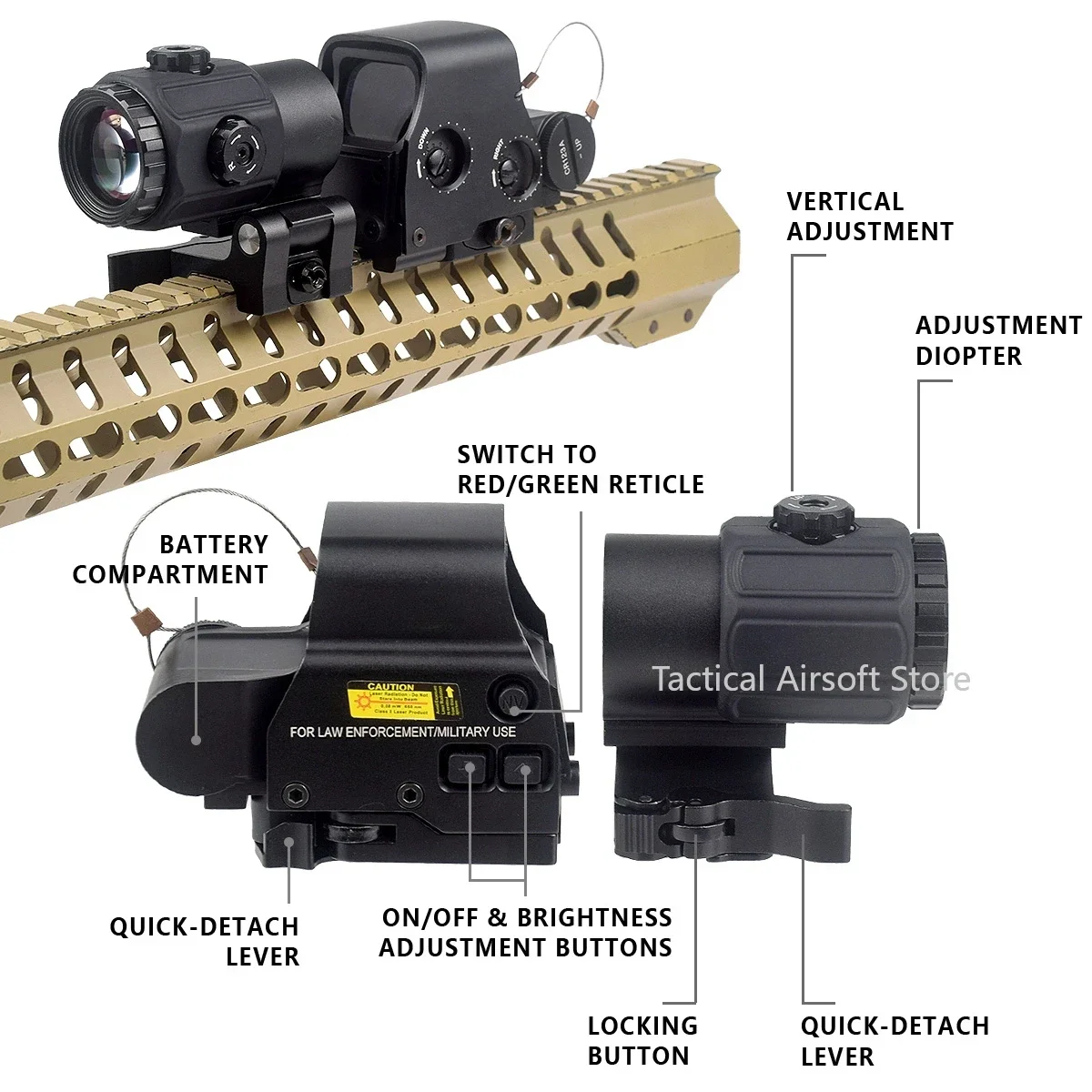 Lupa G43/G45/G33 3X 5X, mira óptica con tapa lateral, montaje en riel Picatinny, palanca QD 558, mira de punto rojo, reflejo táctico para caza - imagen 4