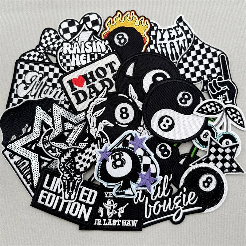 27 unids/lote parches bordados en blanco y negro para chaqueta, sombrero, pegatinas para planchar, costura DIY, insignias de decoración de ropa número único 8