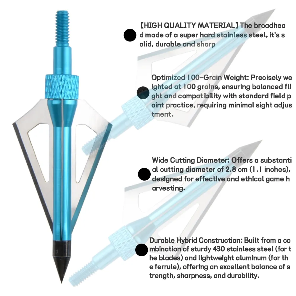 Punta de flecha de caza y tiro con arco, hoja de 100 granos, punta de flecha ancha con caja para tiro con arco, accesorios de práctica de objetivo de caza, 12 Uds. - imagen 3