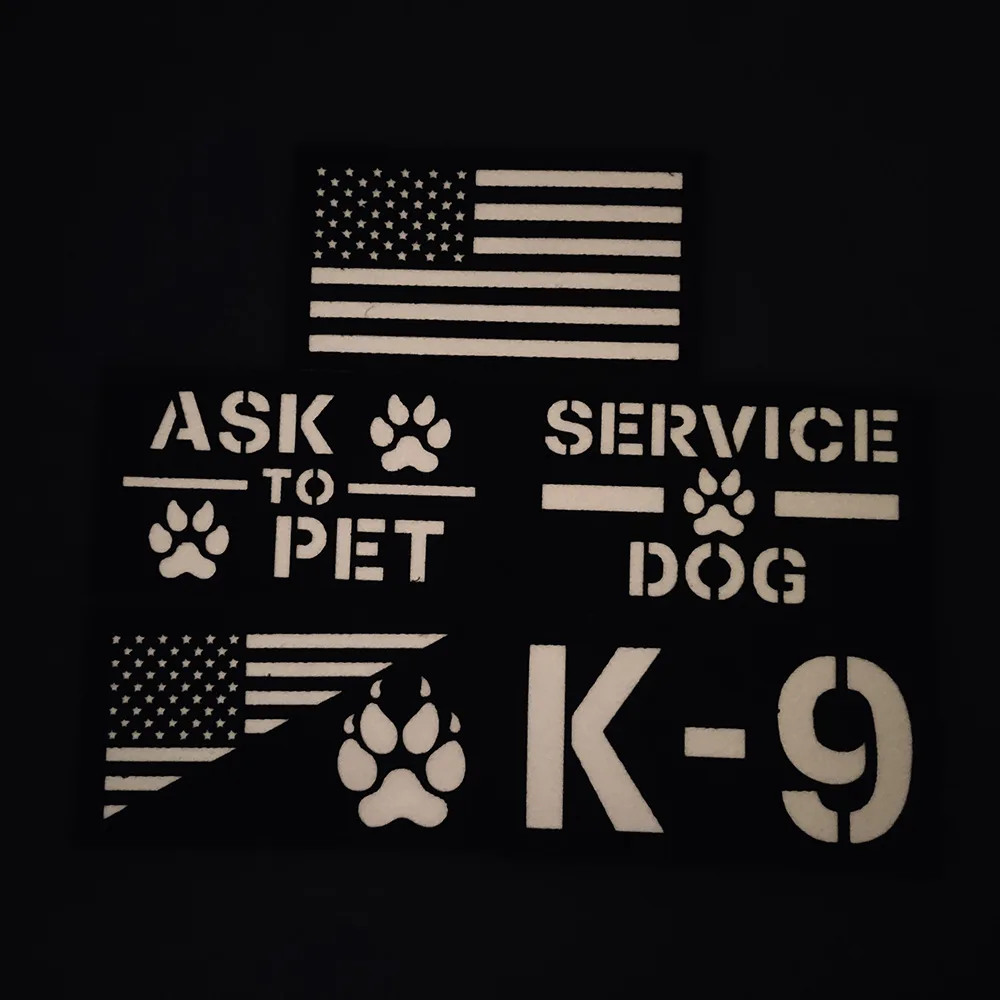 ASK TO PET SERVICE Perro parche IR K-9 bandera de EE. UU. Pata de perro reflectante nailon brazalete táctico insignias para ropa chaleco bolsa decoración - imagen 2