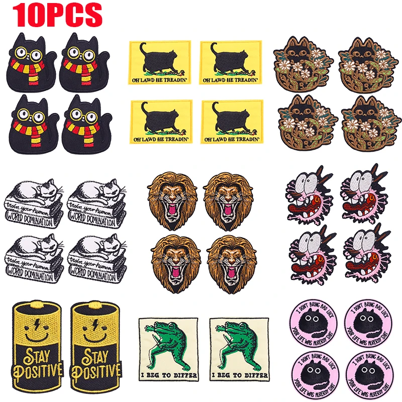 10 Uds. Parche bordado de gato, León, Rana, parches para planchar para ropa DIY, parches bordados de animales de dibujos animados para ropa, insignias para coser