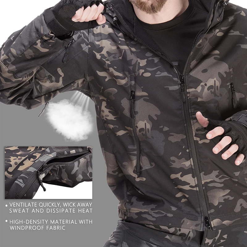 HAN WILD-chaquetas tácticas de invierno para hombre, chaqueta de concha suave, traje de caza de camuflaje a prueba de viento, chaqueta de senderismo de piel de tiburón + Pantalones, uniforme 5XL - imagen 5