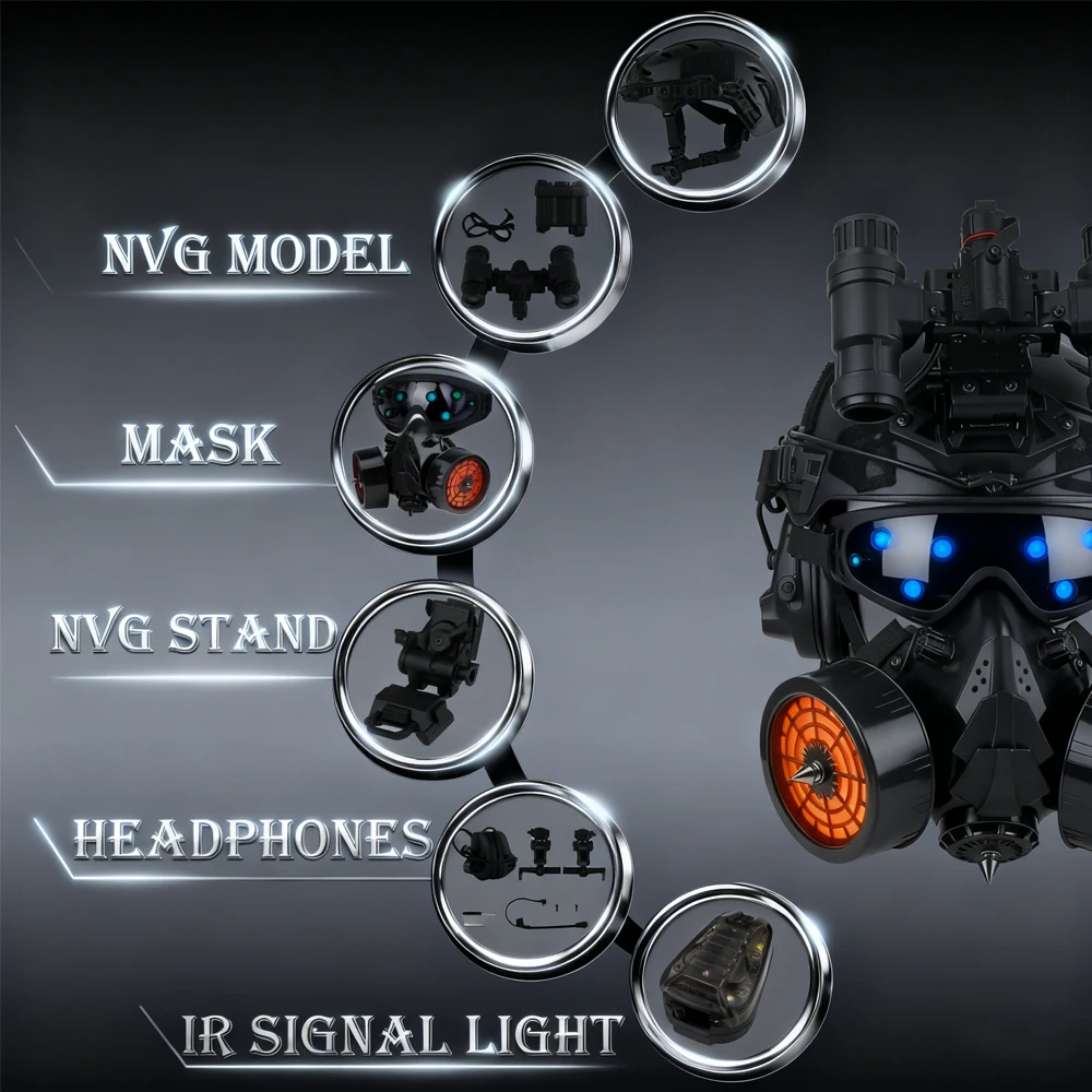 Conjunto de casco táctico Airsoft con sistema de comunicación, máscara estilo gótico militar Cyberpunk, gafas AN/PVS31 NVG, luz de señal LED