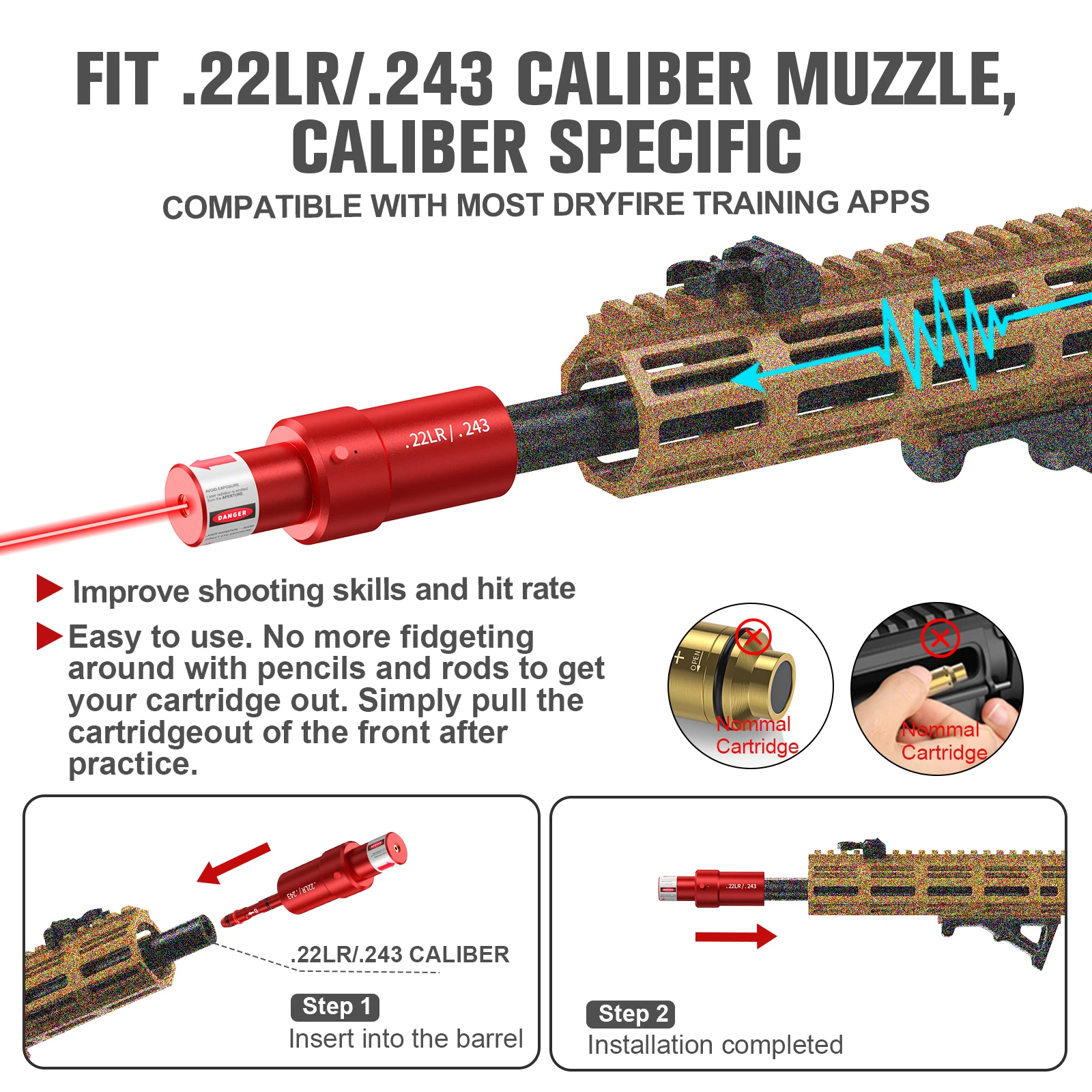 Mira láser táctica de punto rojo de 9mm, 22LR, 12GA, 7,62mm, bala de entrenamiento láser controlada por voz, cartucho de entrenamiento de fuego seco de 9mm - imagen 2
