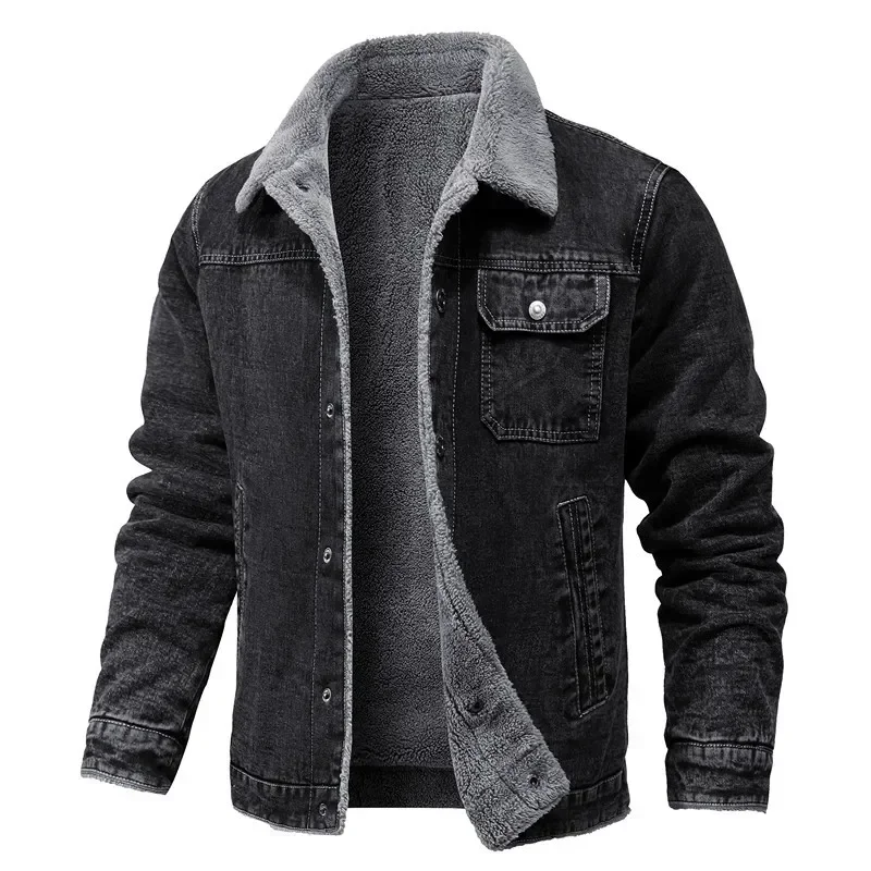 Chaqueta de invierno para hombre, chaqueta vaquera gruesa con solapa de pelo de cordero, abrigos acolchados de algodón cálidos y ajustados informales de alta calidad, ropa