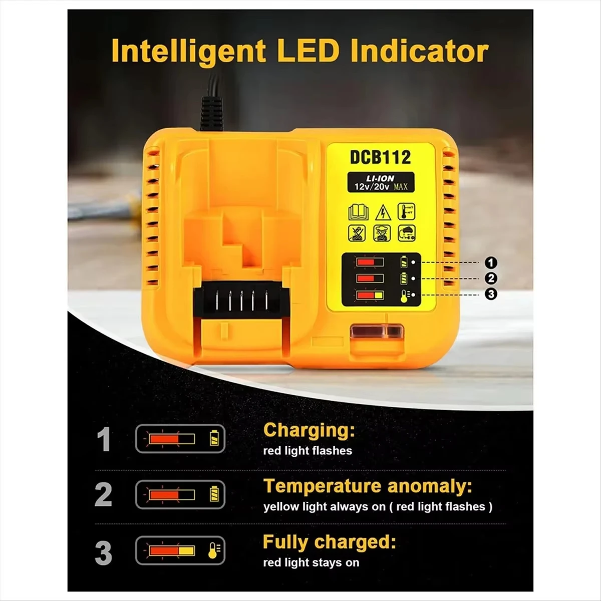 Cargador de batería DCB112 con reemplazo LED para batería Dewalt 10,8/12/14,4/20V DCB201 DCB200 DCB612 DCB609-2 DCB609 DCB606 - imagen 4
