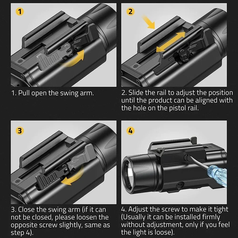 Luz LED para arma de 1600 lúmenes, luz ajustable de 3 modos para pistola, lámpara estroboscópica LED recargable magnética, linterna compacta para pistola - imagen 5
