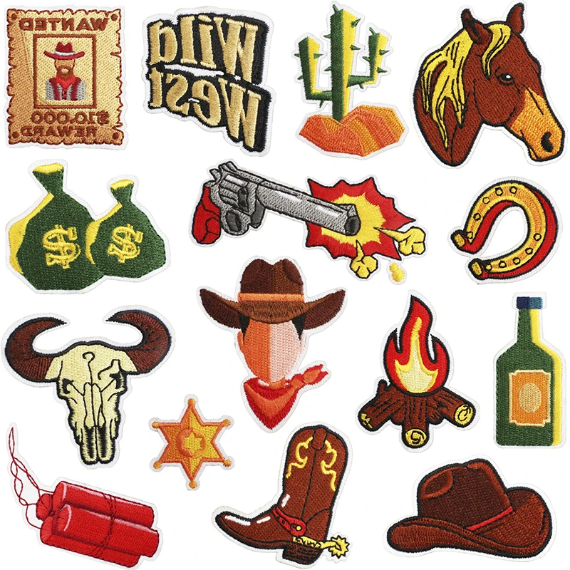 Parches bordados de vaquero occidental, emblema de dibujos animados, decoración de ropa, parche bordado de sombrero, insignia de hierro de revólver - imagen 2