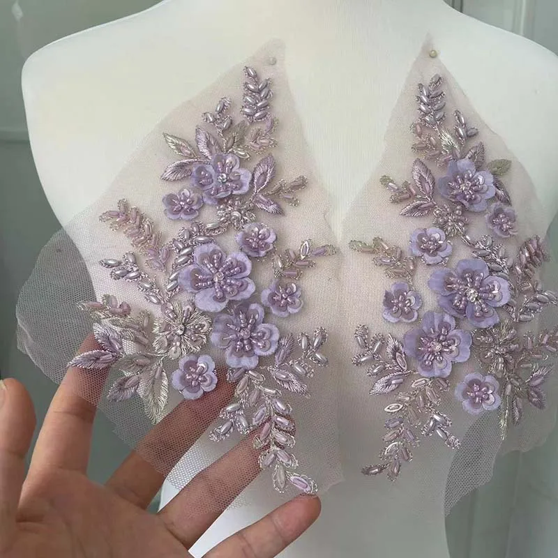 Corpiño de lentejuelas con cuentas, suministros de costura, tela de encaje de flores 3d, bordado, parches para coser para vestidos, boda, 1 par, 21x22CM - imagen 2