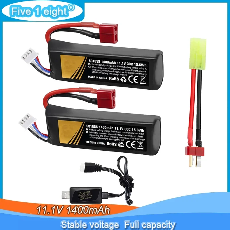 Batería LiPo recargable de 11,1 V, 1400mAh, 30C, con enchufe T + cable USB para modelo Airsoft, pistolas de bolas salpicadas, accesorios de Gel Blaster