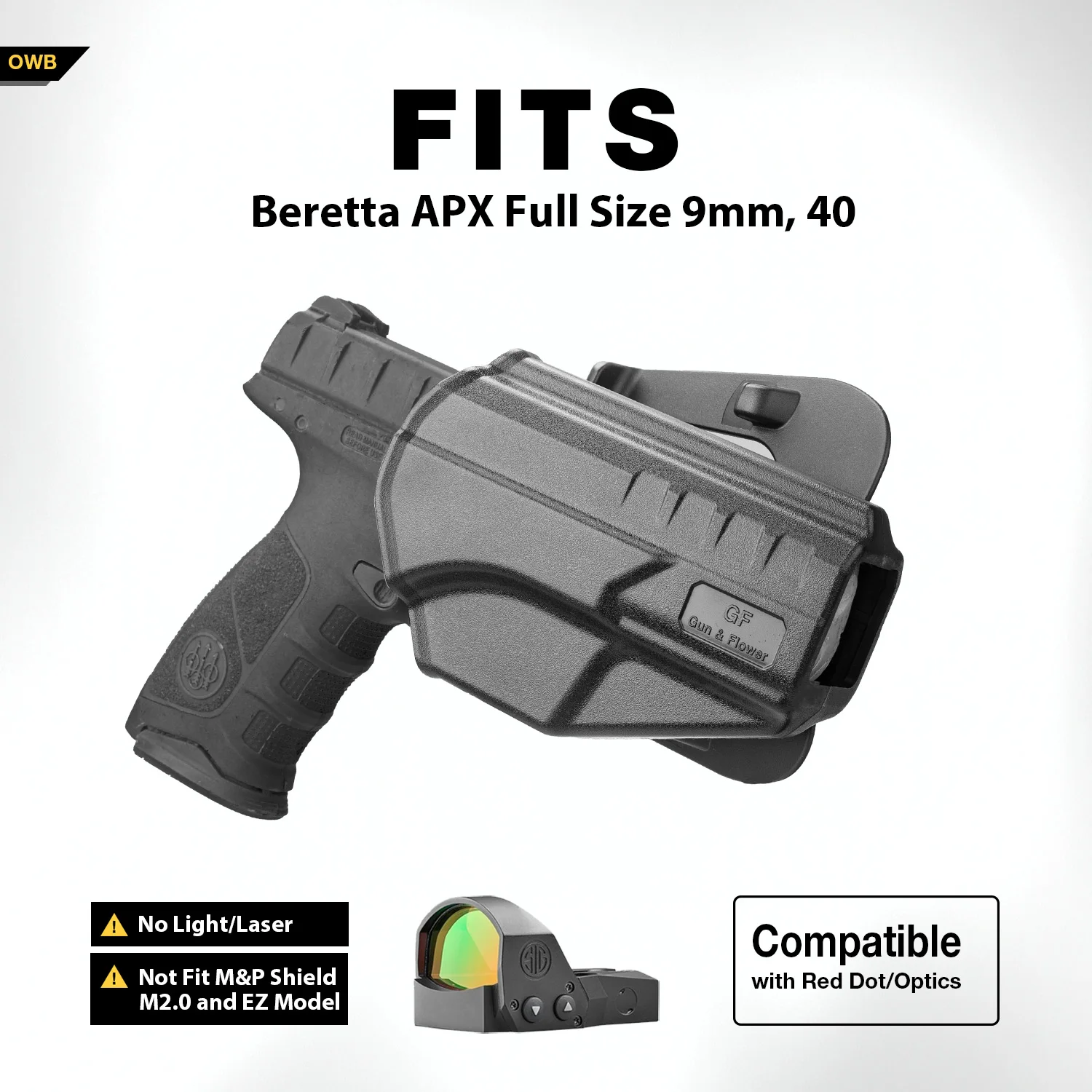 Funda Beretta APX, (no compatible con Beretta APX A1), funda OWB para pulgar compatible con Beretta APX tamaño completo 9 mm/.40, retención de nivel II/360 grados - imagen 2