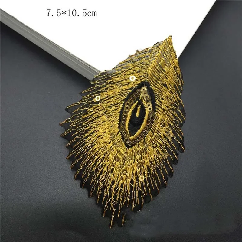 10 piezas/7,5*10,5 CM apliques de lentejuelas de plumas de pavo real hierro en pegatinas tela hilo dorado parche bordado termo adhesivo para ropa - imagen 5