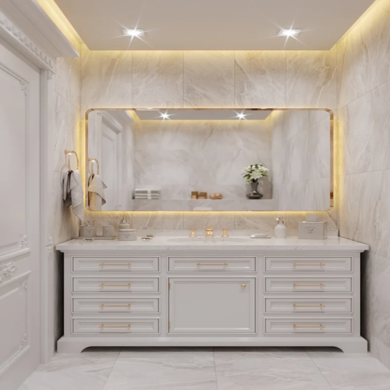 Mueble de baño de roble de estilo americano, combinación de lavabo doble, suelo, inodoro, lavabo, lavabo, lavabo - imagen 4