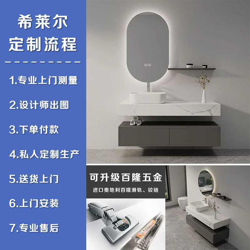 Mueble de baño moderno y sencillo con lavabo en la plataforma de roca combinado con un lavabo de pared personalizado para baño de lujo ligero. - imagen 4