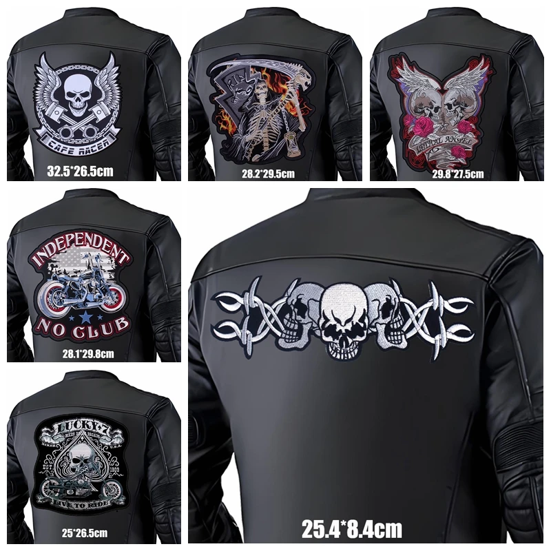 Parches termoadhesivos para planchar DIY con bordado de motociclista Punk grande para ropa, parche para costura trasera de chaqueta de cuero