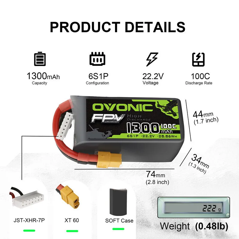 Batería Lipo OVONIC de 1300mAh 100C 22,2 V para helicóptero RC Quadcopter Dron de carreras con visión en primera persona piezas 6S con batería de enchufe XT60 - imagen 2
