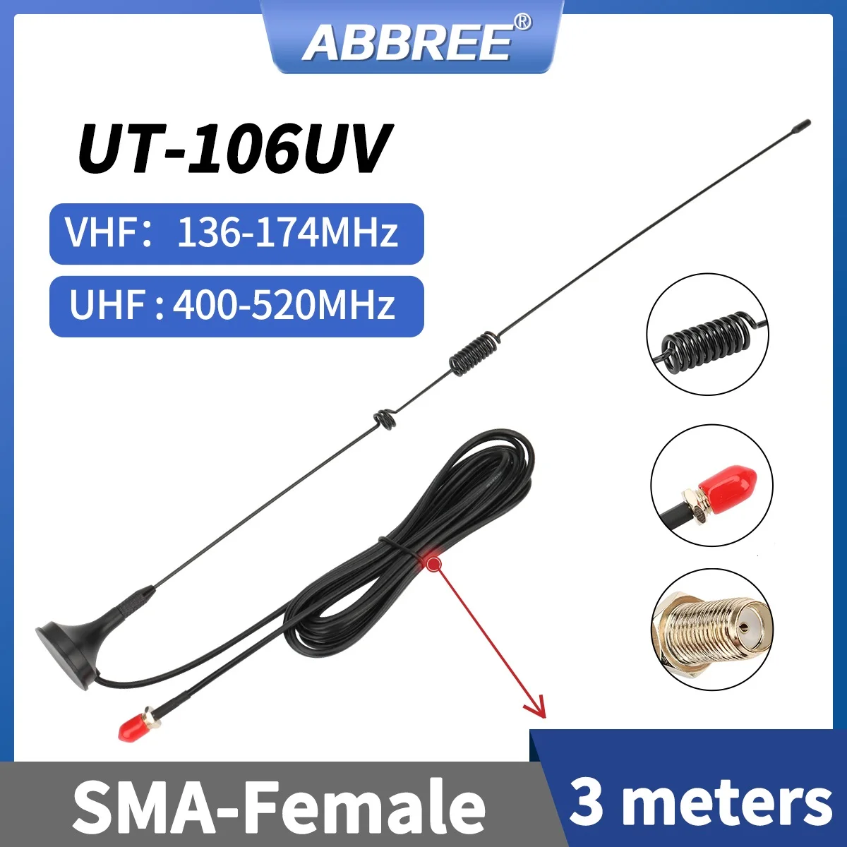UT-106UV Antena móvil para coche SMA hembra VHF/UHF UV-5R/UV-32/UV-5RH