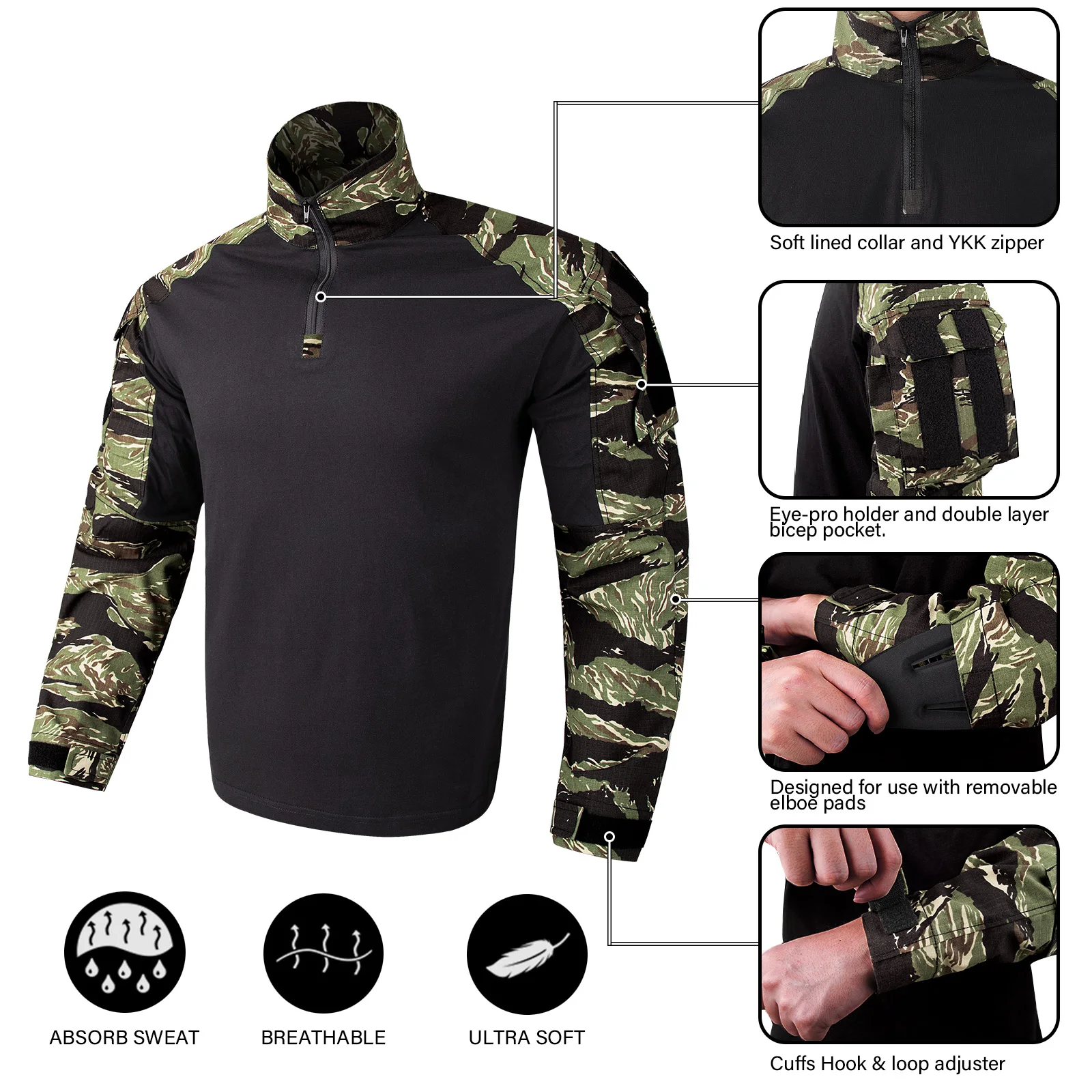 KRYDEX-camisa de combate a rayas de tigre de camuflaje, ropa táctica de caza al aire libre, camisa con coderas, Tops de uniforme - imagen 3