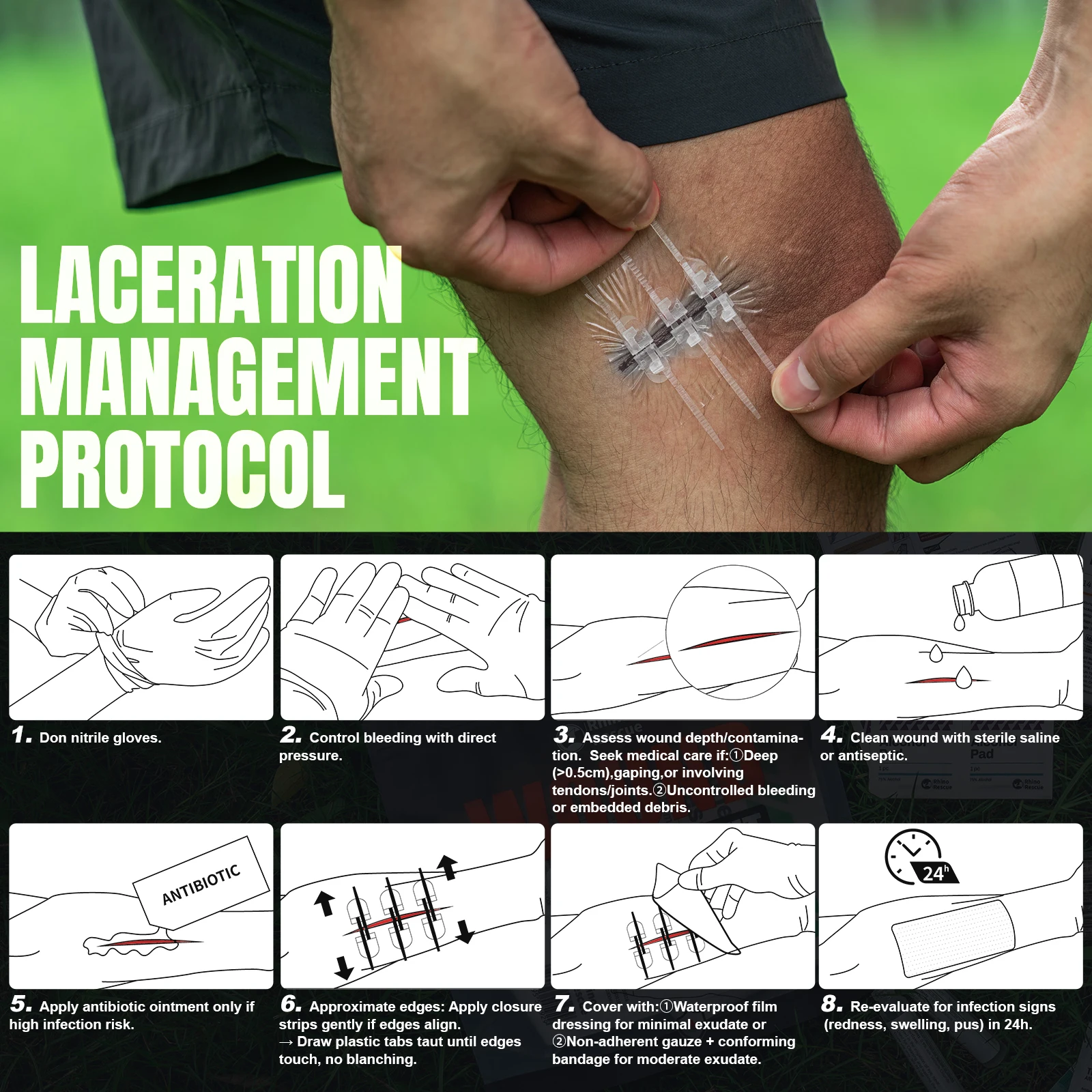 RHINO RESCUE Punto de cremallera con apósitos para heridas, tiras de cierre de heridas, kit de cierre de lacación con puntada de cremallera para el cuidado del corte Tirita - imagen 3