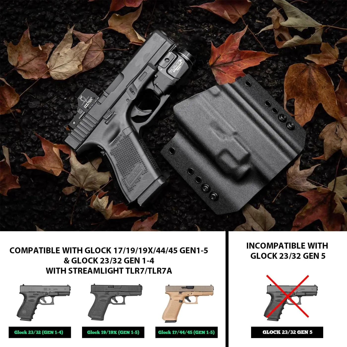 Para Glock 17,G19,G44,G45,GEN 1-5,G23,G32,Gen 3-4, con TLR-7/TLR-7A,OWB Kydex, solo una funda, transporte de cintura exterior, mano derecha - imagen 4
